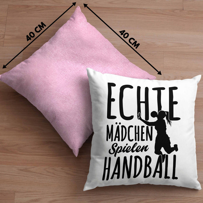 Mädchen Handball-Spielerin Kissen mit Füllung 40x40 Geschenk Spruch Echte Mädchen Spielen Handball Geschenkidee Frauen (Grau) Rosa Trendation