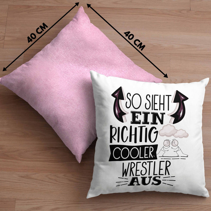 So Sieht Ein Richtig Cooler Wrestler Aus Geschenk Kissen mit Füllung 40x40 Lustiger Spruch Geschenkidee (Grau) Rosa Trendation