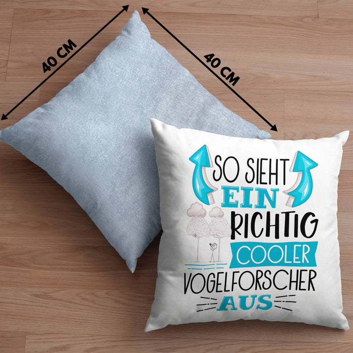 Vogelforscher Kissen mit Füllung 40x40 So Sieht Ein Richtig Cooler Vogelforscher Aus Geschenk Lustiger Spruch Geschenkidee (Grau) Blau Trendation