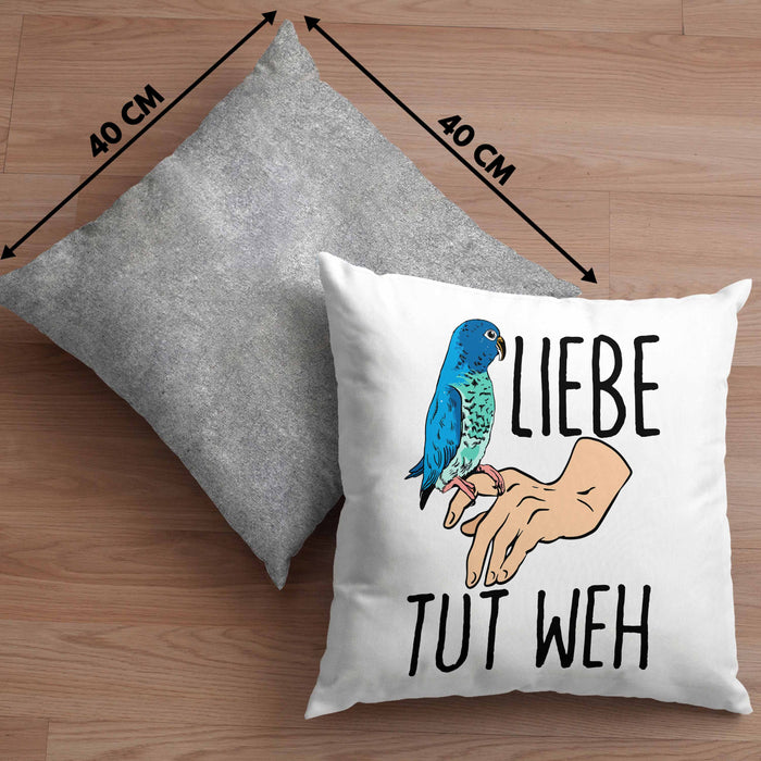 Lustige Wellensittich-Kissen mit Füllung 40x40 Geschenk für Wellensittich-Besitzer Liebe Tut Weh (Grau) Grau Trendation