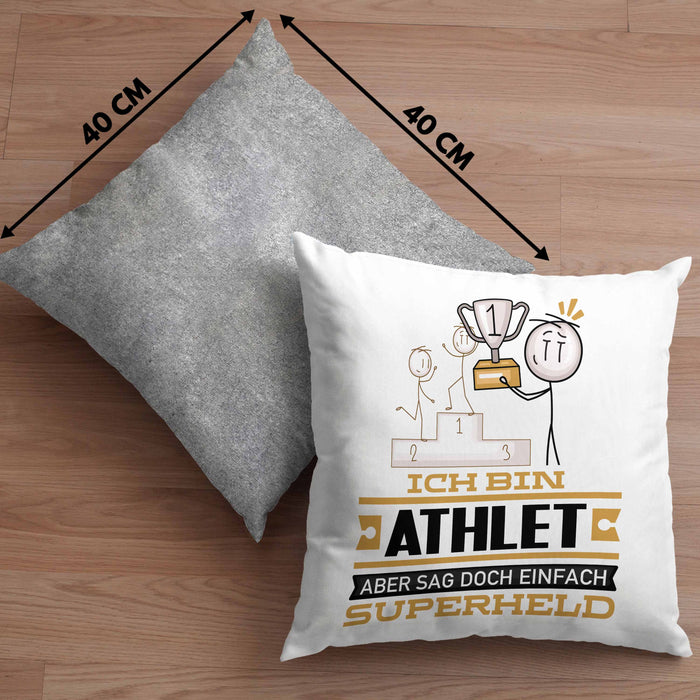 Athlet Geschenk Kissen mit Füllung 40x40 Ich Bin Athlet Aber Sag Doch Einfach Superheld Lustige Geschenkdiee für Athlet (Grau) Grau Trendation