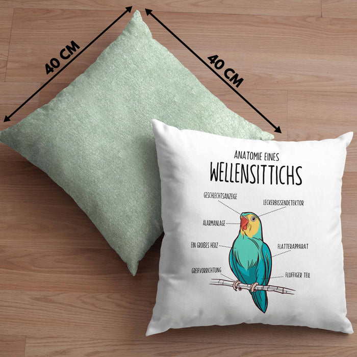 Lustige Wellensittich-Kissen mit Füllung 40x40 Geschenk für Wellensittich-Besitzer (Grau) Grün Trendation