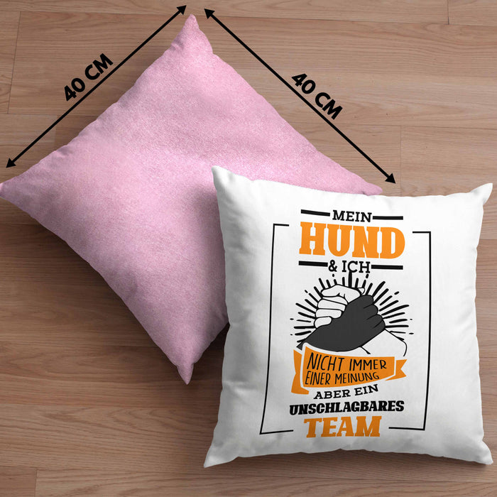 Lustige HundeKissen mit Füllung 40x40 Geschenk für Hundebesitzer zum Geburtstag Unschlagbares Team (Grau) Rosa Trendation