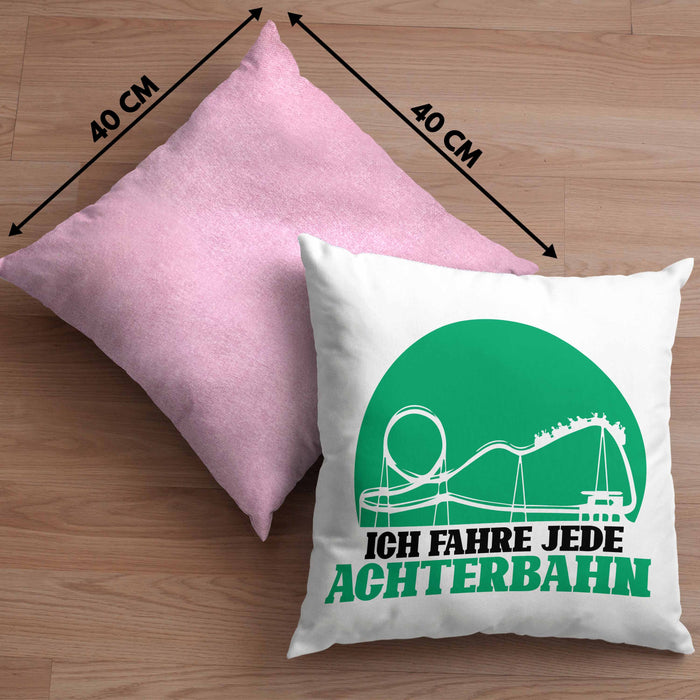 Vergnügungspark Kissen mit Füllung 40x40 Geschenk Lustiger Spruch Ich Fahre Jede Achterbahn Geschenkidee Geburtstag (Grau) Rosa Trendation