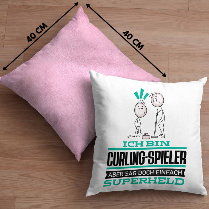 Curling-Spieler Geschenk Kissen mit Füllung 40x40 Ich Bin Curling-Spieler Aber Sag Doch Einfach Superheld Lustige Geschenkdiee für Curling-Spieler (Grau) Rosa Trendation