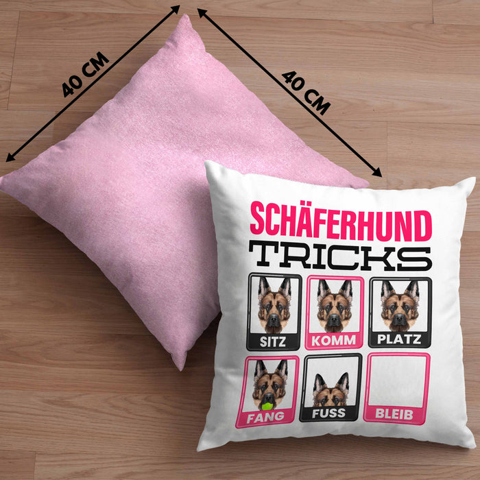 Schäferhund Besitzer Kissen mit Füllung 40x40 Geschenk Lustiger Spruch Geschenkidee Schäferhund Tricks Bleib (Grau) Rosa Trendation