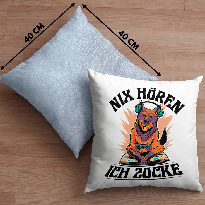 Zocker Geschenk Kissen mit Füllung 40x40 Nix Hören ich Zocke Jungs Jungen Geschenkidee zum Zocken (Grau) Blau Trendation