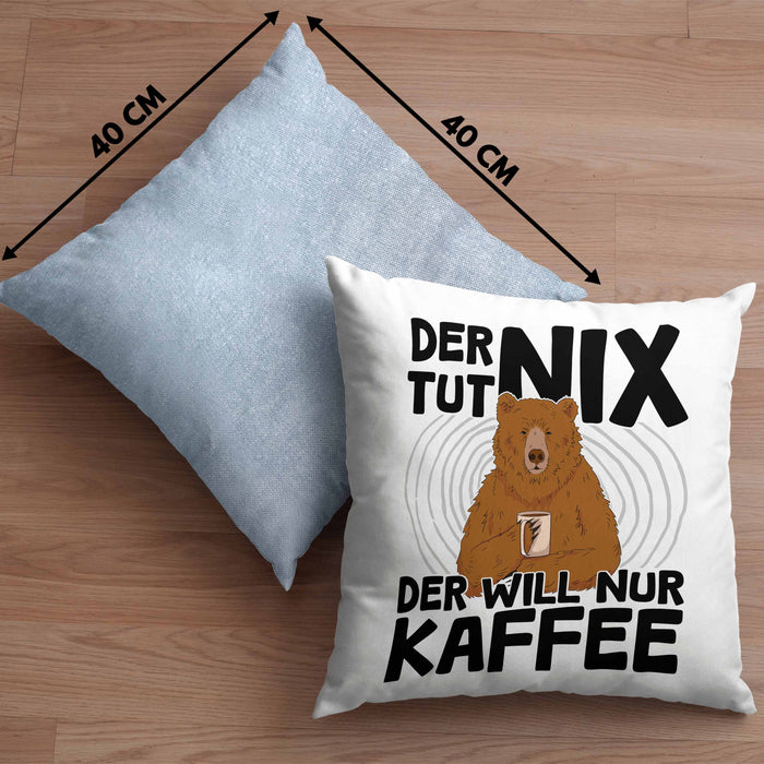 Kaffee-Liebhaber Geschenk Kissen mit Füllung 40x40 Geschenkidee für Kollegen Der Tut Nix Der Will Nur Kaffee trinken (Grau) Blau Trendation