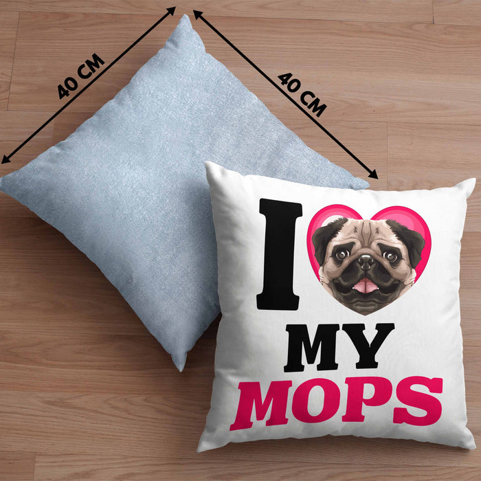 Mops Besitzerin Kissen mit Füllung 40x40 Geschenk Lustiger Spruch Geschenkidee I Love My Mops (Grau) Blau Trendation