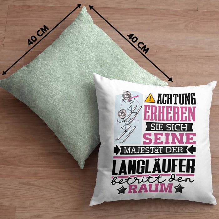 Langläufer Geschenk Kissen mit Füllung 40x40 Lustiger Spruch Erheben Sie Sich Der Langläufer Betritt den Raum (Grau) Grün Trendation