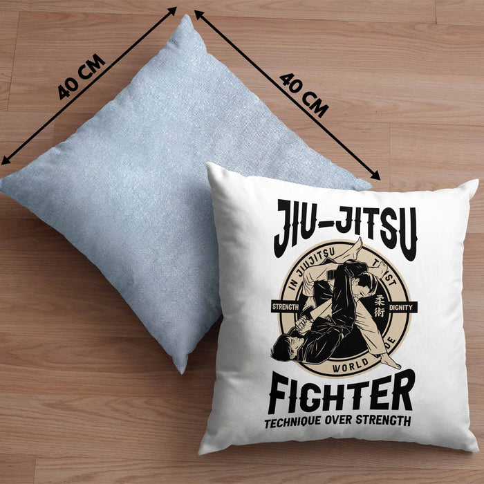 Jiu Jitsu Kissen mit Füllung 40x40 Geschenk für Kampfsportler Geschenkidee Technik über Stärke Spruch (Grau) Blau Trendation