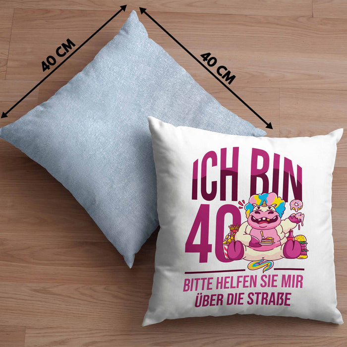 Lustige Kissen mit Füllung 40x40 zum 40. Geburtstag - Geschenkidee für Frauen Einhorn 40er Geburtstag (Grau) Blau Trendation