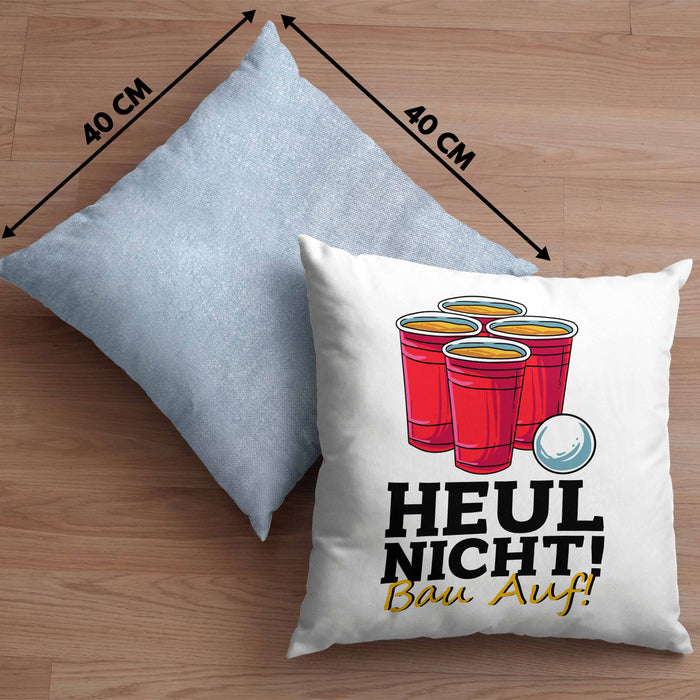 Lustige Kissen mit Füllung 40x40 "Heul Nicht Bau Auf" für Beer Pong Bierpong Fans (Grau) Blau Trendation