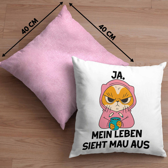 Dank Meme Kissen mit Füllung 40x40 Katzen Besitzer Wortspiel Ja Mein Leben Sieht Mau Aus Traurige Katze Geschenkidee Saure Katze Astronaut (Grau) Rosa Trendation