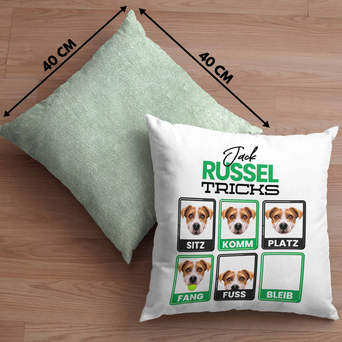Jack Russel Besitzer Kissen mit Füllung 40x40 Geschenk Lustiger Spruch Geschenkidee Jack Russel Tricks Bleib (Grau) Grün Trendation