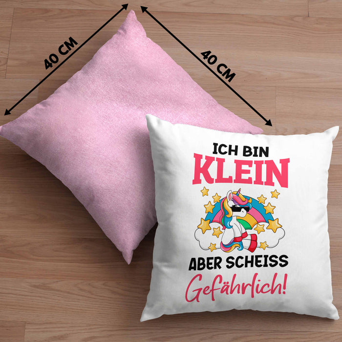Klein Aber Sch Gefährlich Lustige Einhorn Kissen mit Füllung 40x40 mit Spruch Geschenkidee Einhornfans Sprüche Frauen (Grau) Rosa Trendation