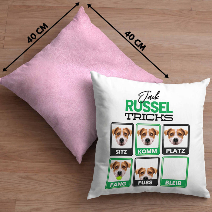 Jack Russel Besitzer Kissen mit Füllung 40x40 Geschenk Lustiger Spruch Geschenkidee Jack Russel Tricks Bleib (Grau) Rosa Trendation