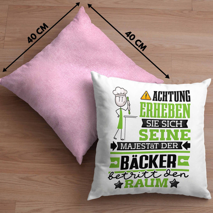 Bäcker Geschenk Kissen mit Füllung 40x40 Lustiger Spruch Erheben Sie Sich Der Bäcker Betritt den Raum (Grau) Rosa Trendation