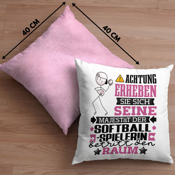Softballspielerin Geschenk Kissen mit Füllung 40x40 Lustiger Spruch Erheben Sie Sich Der Softballspielerin Betritt den Raum (Grau) Rosa Trendation