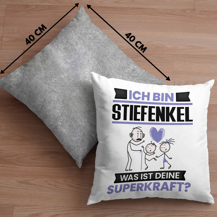 Stiefenkel Kissen mit Füllung 40x40 Geschenk für Stiefenkel Geburtstag Lustiger Spruch Was Ist Deine Superkraft (Grau) Grau Trendation