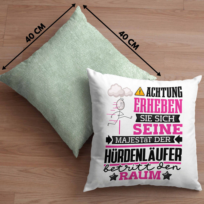 Hürdenläufer Geschenk Kissen mit Füllung 40x40 Lustiger Spruch Erheben Sie Sich Der Hürdenläufer Betritt den Raum (Grau) Grün Trendation