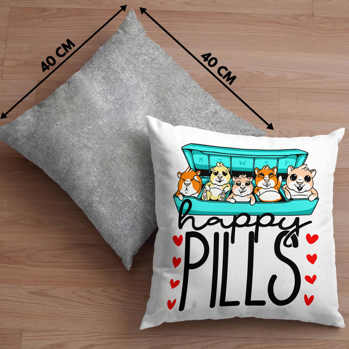 Lustiges Geschenk für Hamsterliebhaber: "Happy Pills" Kissen mit Füllung 40x40 Hamster Besitzer Grafik Züchter (Grau) Grau Trendation