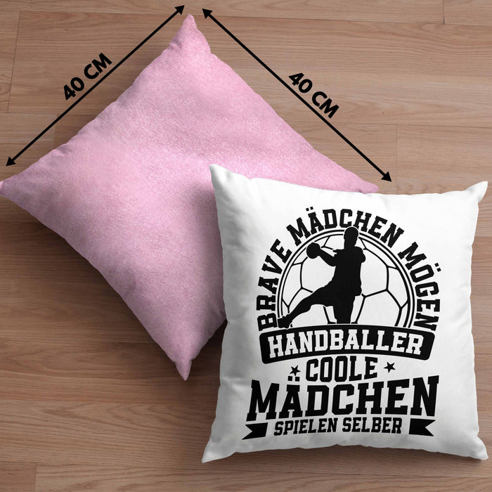 Mädchen Handball-Spielerin Kissen mit Füllung 40x40 Geschenk Spruch Echte Mädchen Spielen Handball Geschenkidee Frauen Brave Mädchen Mögen Handballer (Grau) Rosa Trendation