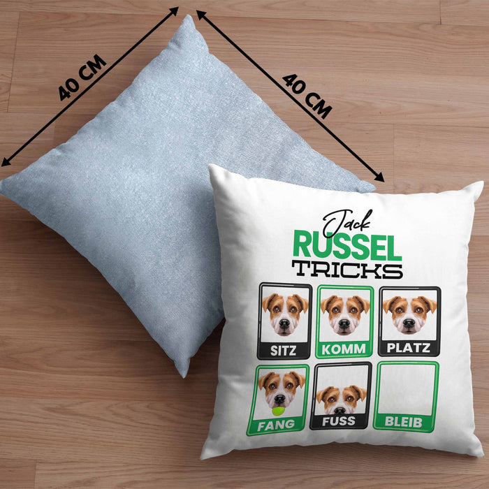 Jack Russel Besitzer Kissen mit Füllung 40x40 Geschenk Lustiger Spruch Geschenkidee Jack Russel Tricks Bleib (Grau) Blau Trendation