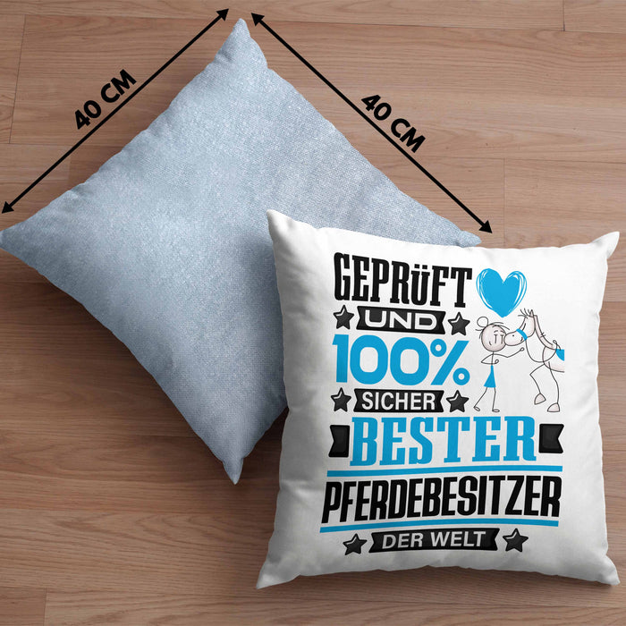 Pferdebesitzer Geschenk Lustiger Spruch für Pferdebesitzer Geschenkidee Bester Pferdebesitzer Der WeltKissen mit Füllung 40x40 (Grau) Blau Trendation