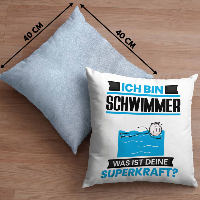 Schwimmer Kissen mit Füllung 40x40 Geschenk für Schwimmer Geburtstag Lustiger Spruch Was Ist Deine Superkraft (Grau) Blau Trendation