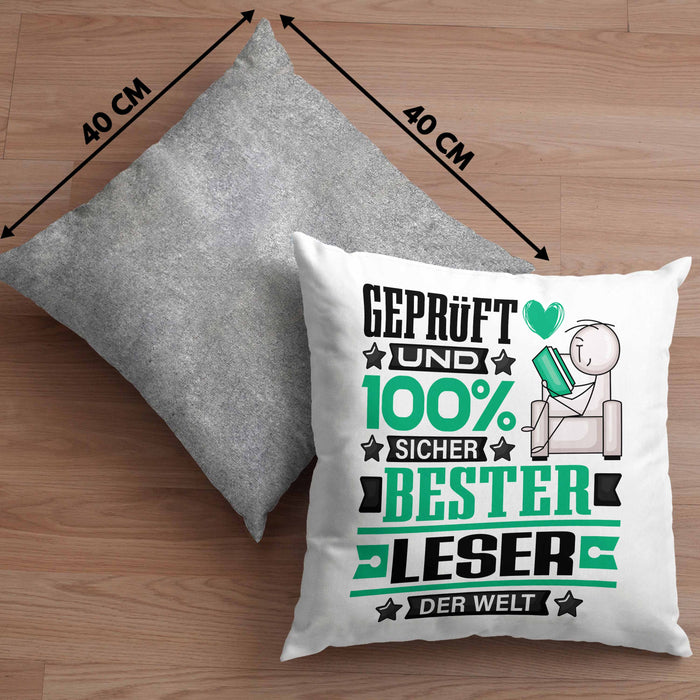 Leser Geschenk Lustiger Spruch für Leser Geschenkidee Bester Leser Der WeltKissen mit Füllung 40x40 (Grau) Grau Trendation