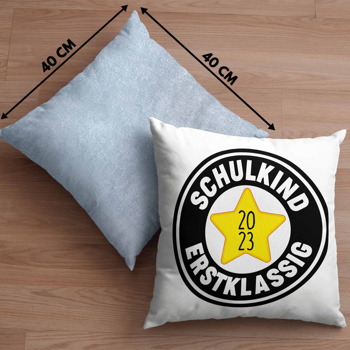 Schulkind Erstklassig Einschulung Junge Mädchen Geschenk Schultüte Füllung Kissen mit Füllung 40x40 Schulstart 1. Schultag Schuleinführung Schulanfang Geschenkidee Schulkind 2024 (Grau) Blau Trendation