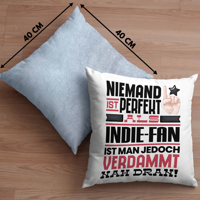 Indie-Fan Geschenk Kissen mit Füllung 40x40 Lustige Geschenkidee für Indie-Fan Geburtstag Niemand Ist Perfekt Aber Als Indie-Fan Ist Man Nah Dran (Grau) Blau Trendation