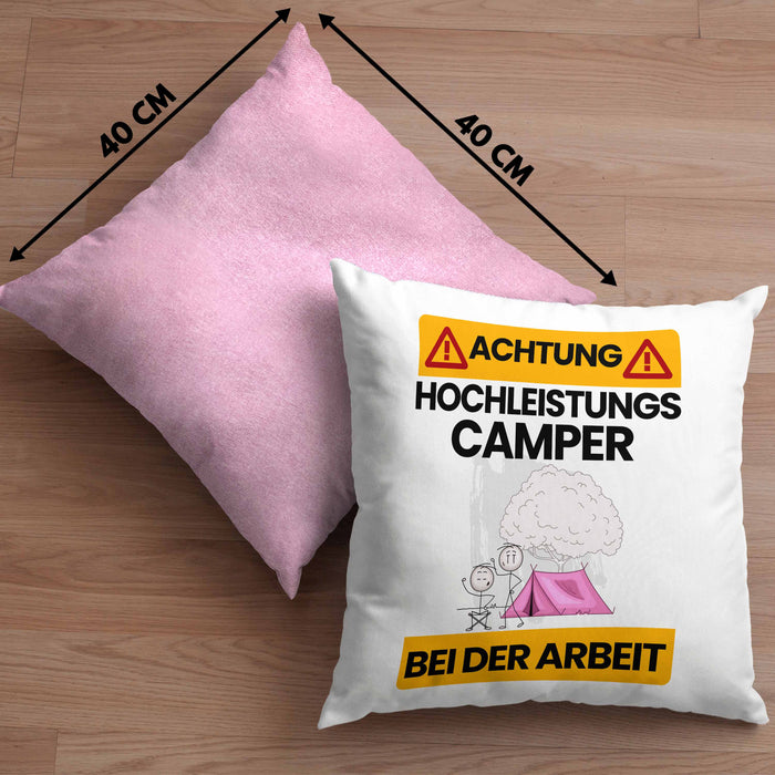 Camper Kissen mit Füllung 40x40 Geschenk Lustiger Spruch Geschenkidee für Camper Achtung Hochleistungs Camper Bei Der Arbeit (Grau) Rosa Trendation