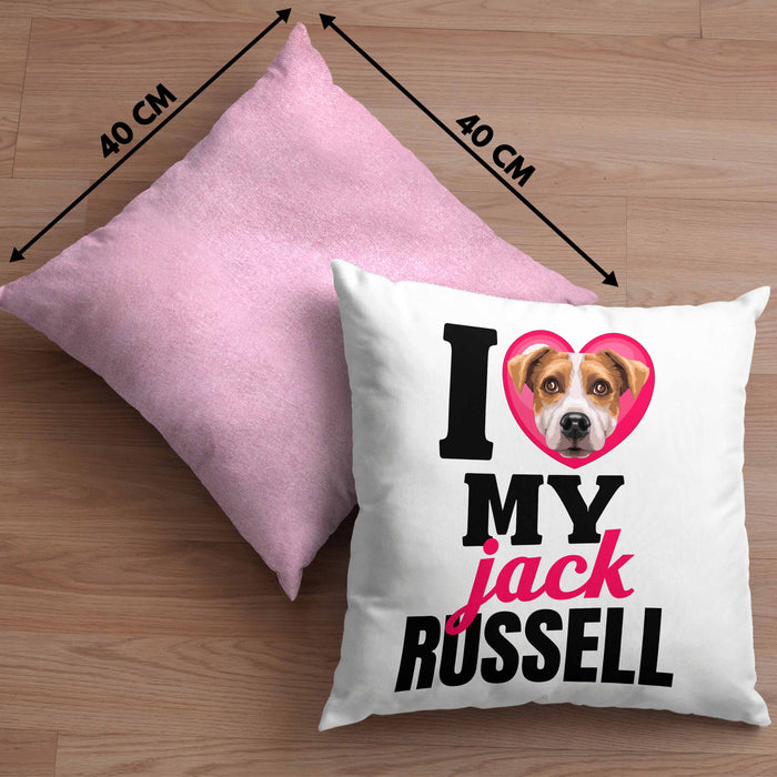 Jack Russell Besitzerin Kissen mit Füllung 40x40 Geschenk Lustiger Spruch Geschenkidee I Love My Jack Russell (Grau) Rosa Trendation