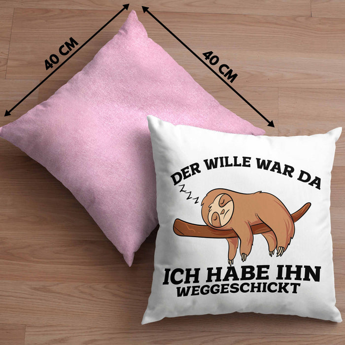 Lustige Kissen mit Füllung 40x40 mit Faultier "Der Will War Da" Spruch (Grau) Rosa Trendation