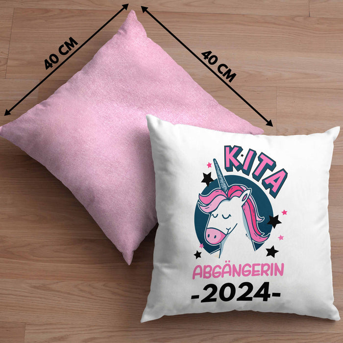 Kita Abgängerin 2024 Schulstart Kissen mit Füllung 40x40 Geschenk Mädchen Einschulung Schulanfang Erster Schultag Idee (Grau) Rosa Trendation