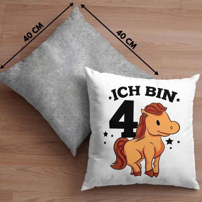 Lustige Kissen mit Füllung 40x40 4. Geburtstag für Mädchen Pferde-Motiv Pferdefans Reiterin (Grau) Grau Trendation