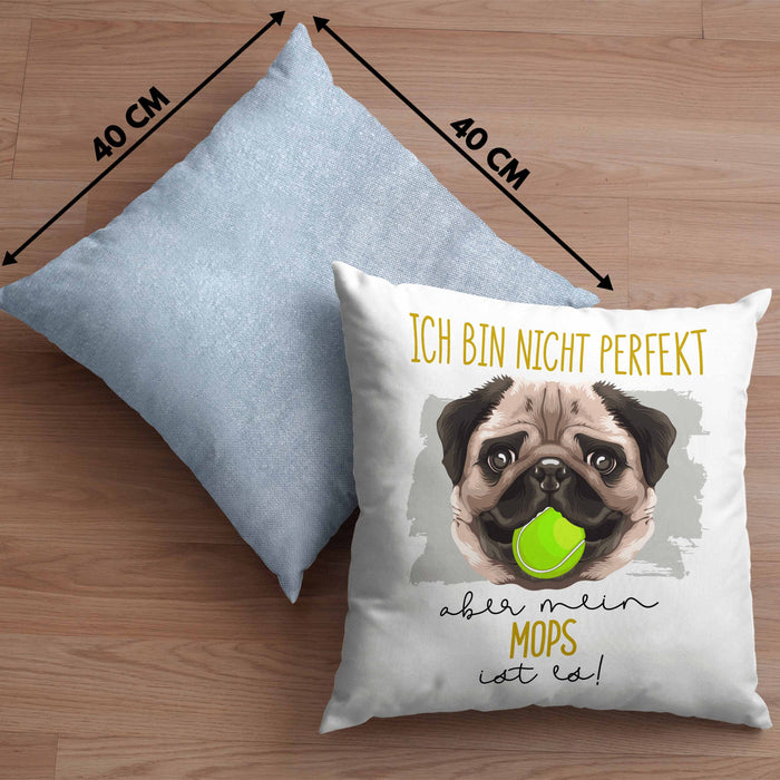 Mops Besitzer Kissen mit Füllung 40x40 Geschenk Lustiger Spruch Geschenkidee Besitzerin Ich Bin Nicht toll Aber Mein Mops Ist Es (Grau) Blau Trendation