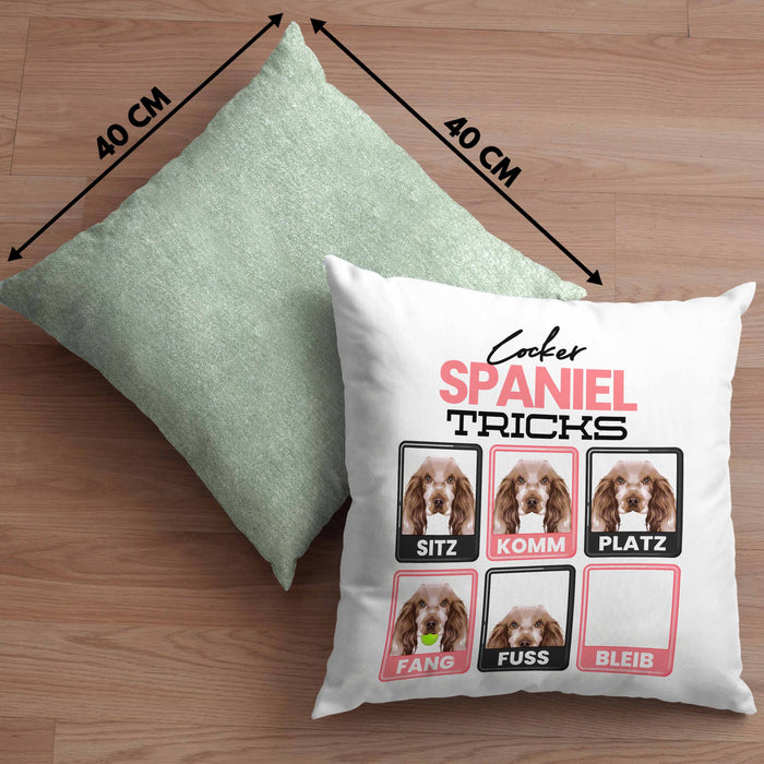 Cocker Spaniel Besitzer Kissen mit Füllung 40x40 Geschenk Lustiger Spruch Geschenkidee Cocker Spaniel Tricks Bleib (Grau) Grün Trendation