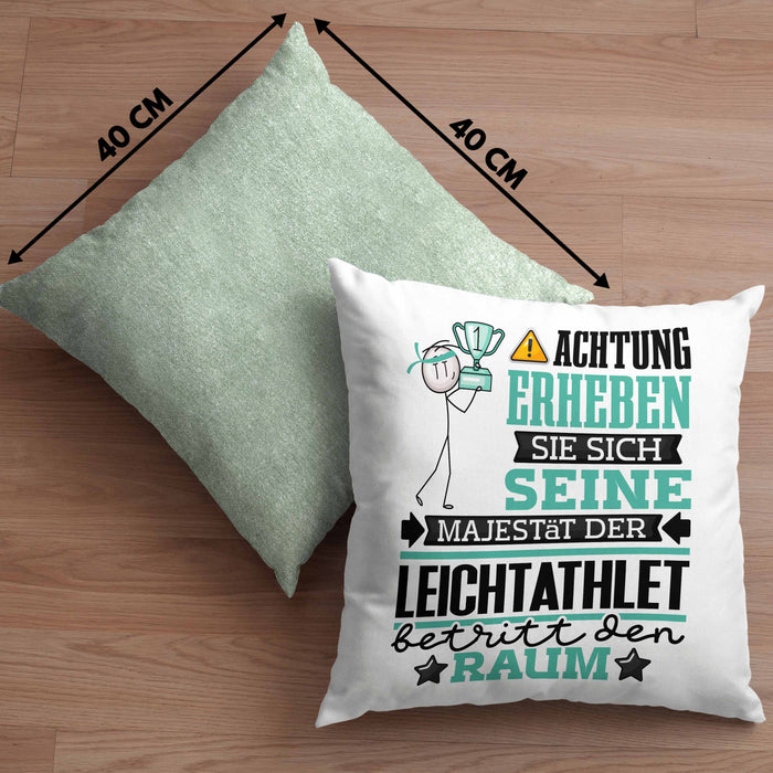 Leichtathlet Geschenk Kissen mit Füllung 40x40 Lustiger Spruch Erheben Sie Sich Der Leichtathlet Betritt den Raum (Grau) Grün Trendation