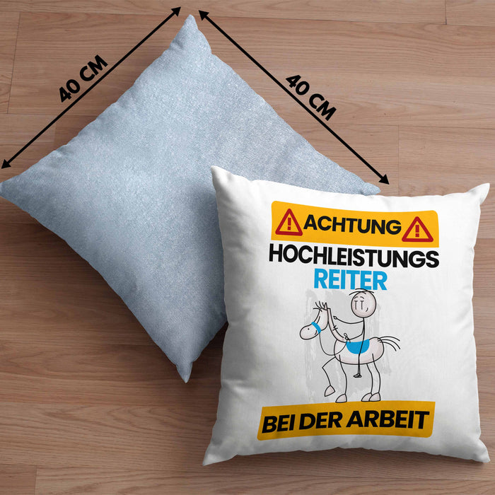 Reiter Kissen mit Füllung 40x40 Geschenk Lustiger Spruch Geschenkidee für Reiter Achtung Hochleistungs Reiter Bei Der Arbeit (Grau) Blau Trendation