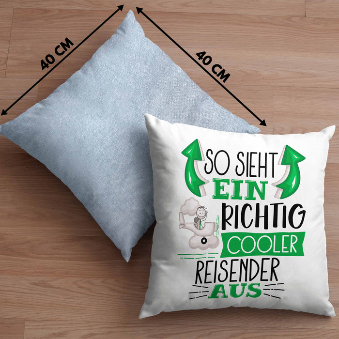 So Sieht Ein Richtig Cooler Reisender Aus Geschenk Kissen mit Füllung 40x40 Lustiger Spruch Geschenkidee (Grau) Blau Trendation