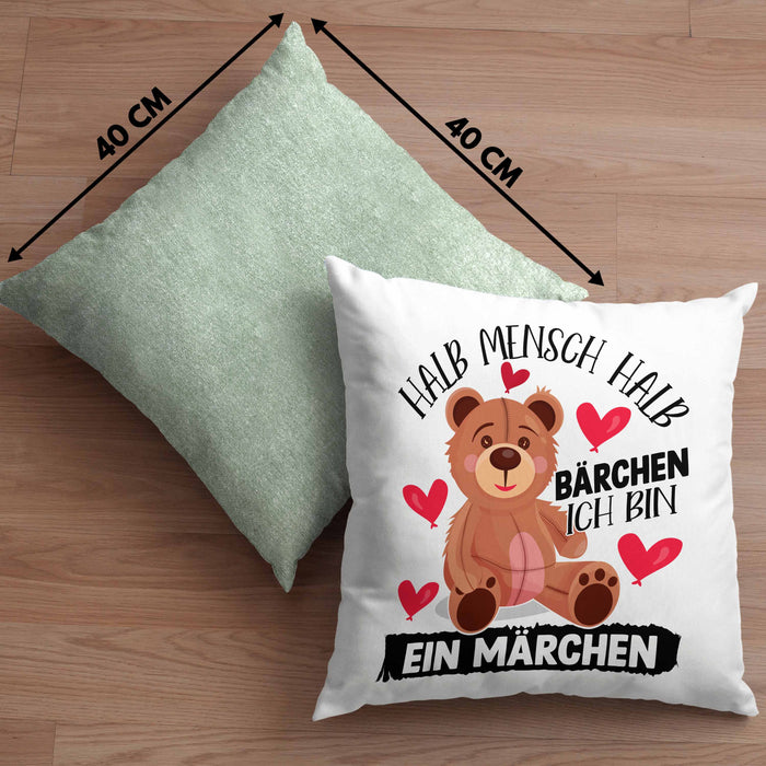 Kuscheln Geschenk Kissen mit Füllung 40x40 Teddy Halb Mensch Halb Bärchen Ich Bin Ein Märchen Geschenkidee (Grau) Grün Trendation
