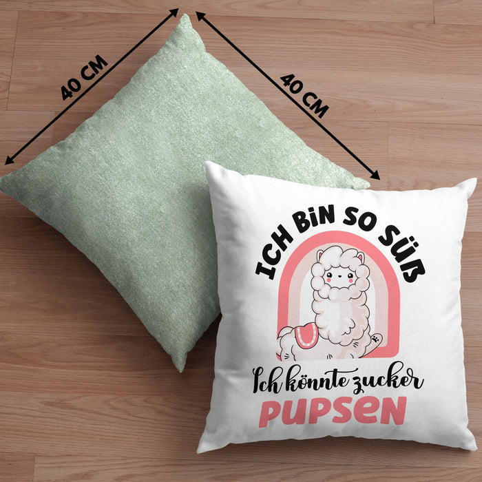Geschenk für beste Freundin Kissen mit Füllung 40x40 Alpaka Llama Kissen mit Füllung 40x40 mit Spruch Ich Bin So Süß Ich Könnte Zucker Pupsen Geschenkidee für Frauen (Grau) Grün Trendation