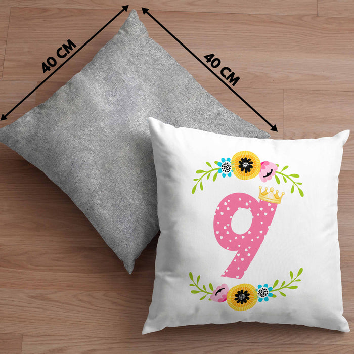 9. Geburtstag Mädchen Kissen mit Füllung 40x40 Geschenk zum Neunten Geburtsagsparty Grafik Krone 9 Jahre Alt (Grau) Grau Trendation
