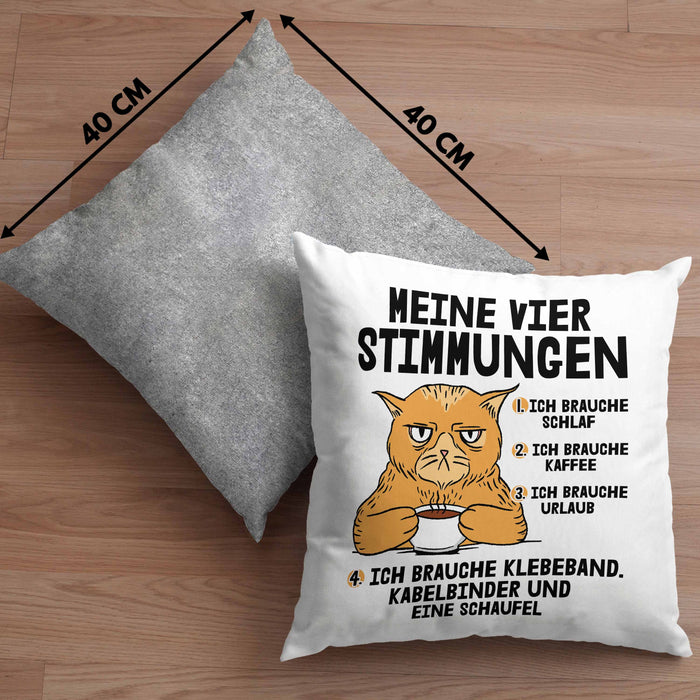 Katze Kissen mit Füllung 40x40 Geschenk Katzenbesitzerin Lustige Sprüche Kaffee Urlaub Müde Meine Vier Kaffeestimungen (Grau) Grau Trendation