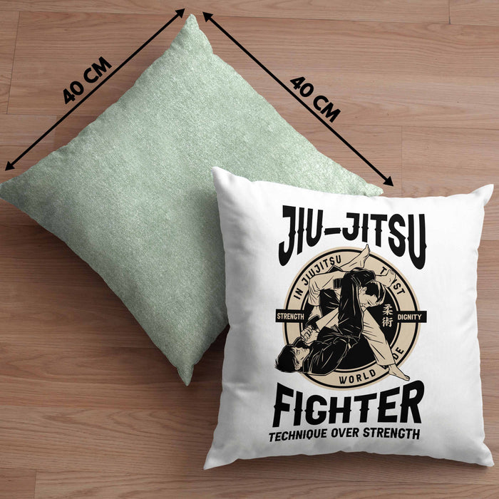 Jiu Jitsu Kissen mit Füllung 40x40 Geschenk für Kampfsportler Geschenkidee Technik über Stärke Spruch (Grau) Grün Trendation