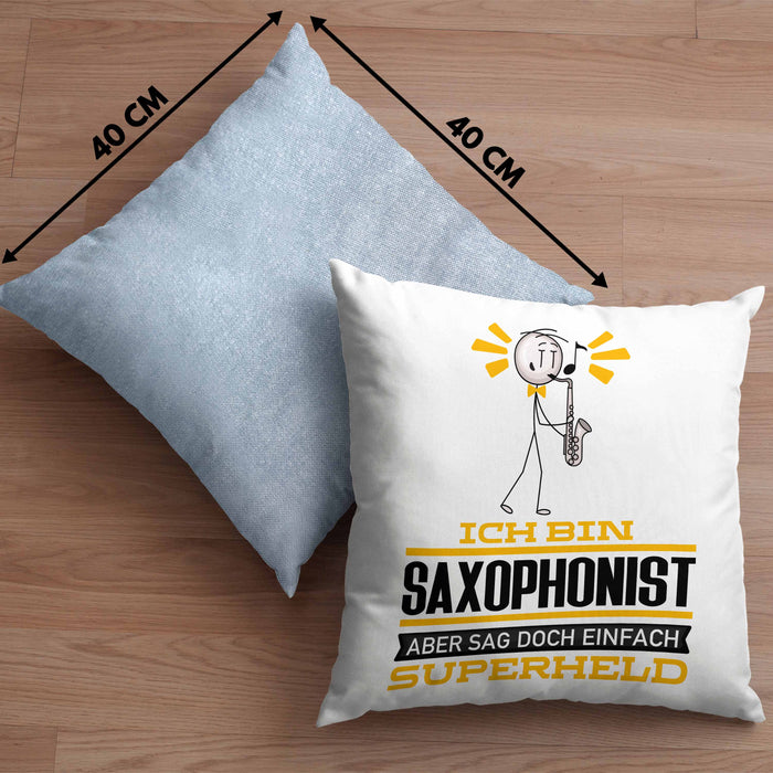 Saxophonist Geschenk Kissen mit Füllung 40x40 Ich Bin Saxophonist Aber Sag Doch Einfach Superheld Lustige Geschenkdiee für Saxophonist (Grau) Blau Trendation