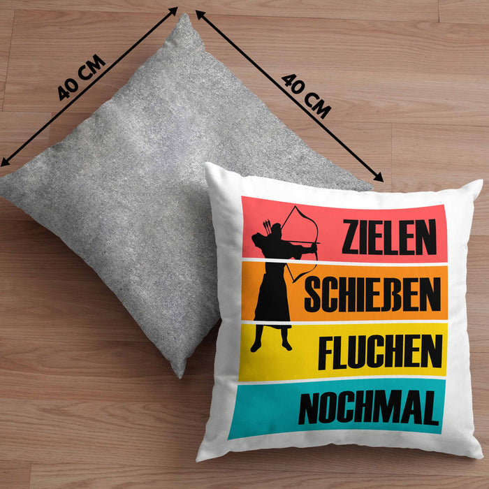 Bogenschießen Kissen mit Füllung 40x40 mit Bogenschütze Spruch - Geschenk für Pfeil und Bogen Fans Zielen Schießen Fluchen Nochmal (Grau) Grau Trendation